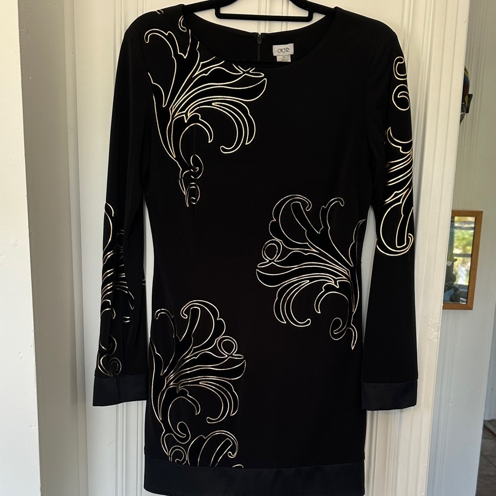 Cache Black Long Sleeve Dress with White Scroll Embroidery